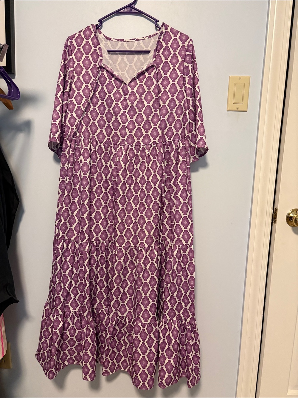 SHEIN Purple Printed V-Neck Tiered Maxi Dress